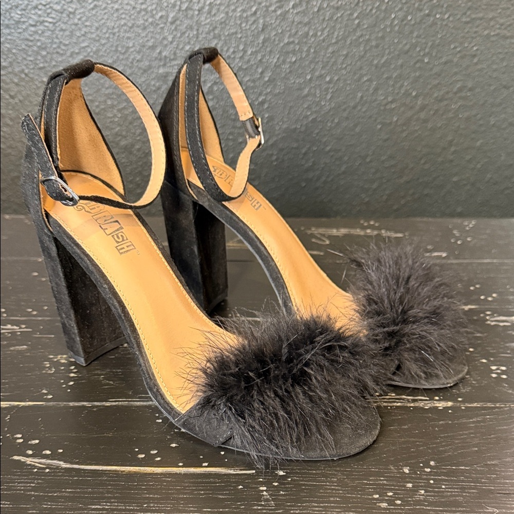 Brash Black Heels with Fluffy Accent